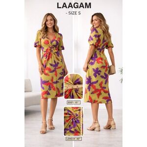 LAAGAM Barcelona Tropical Palm Print Twist Front Midi Dress Size S Green Purple